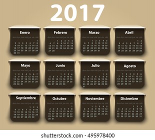 Calendar 2017 year vector design template in Spanish. EPS