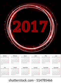 Calendar for 2017 year. Vector design stationery template. Week starts Sunday. Flat style color vector illustration. Yearly calendar template