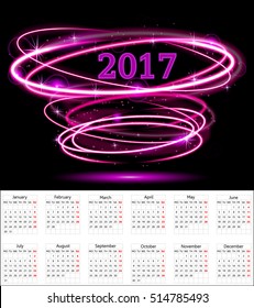 Calendar for 2017 year. Vector design stationery template. Week starts Sunday. Flat style color vector illustration. Yearly calendar template