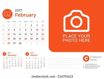 Calendar for 2017 Year. Vector Design Print Template with Place for Photo and Company Logo. February 2017. Week Starts Sunday. 3 Months on Page