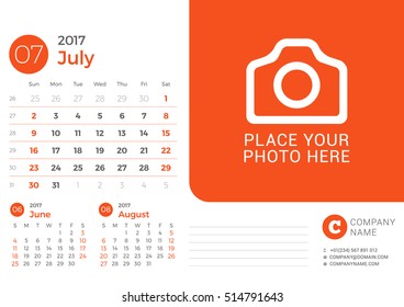 Calendar for 2017 Year. Vector Design Print Template with Place for Photo and Company Logo. July 2017. Week Starts Sunday. 3 Months on Page