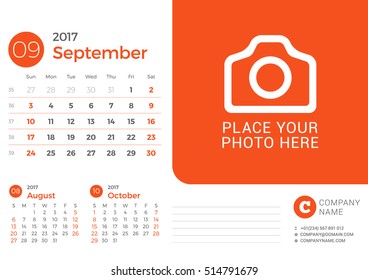 Calendar for 2017 Year. Vector Design Print Template with Place for Photo and Company Logo. September 2017. Week Starts Sunday. 3 Months on Page