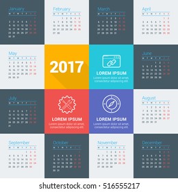 Calendar for 2017 year. Vector design stationery template with business concept icons. Week starts Monday. Flat style color vector illustration