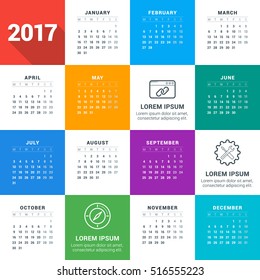 Calendar for 2017 year. Vector design stationery template with business concept icons. Week starts Monday. Flat style color vector illustration