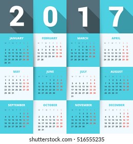 Calendar for 2017 year. Vector design stationery template. Week starts Monday. Vector illustration