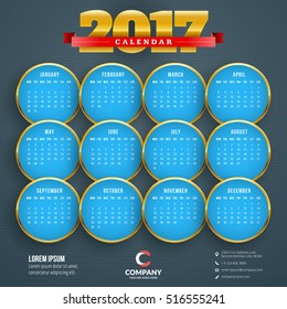 Calendar for 2017 year. Vector design stationery template. Week starts Monday. Vector illustration