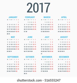 Calendar for 2017 year. Vector design stationery template. Week starts Monday. Flat style color vector illustration
