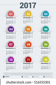 Calendar for 2017 year. Vector design stationery template. Week starts Monday. Vector illustration