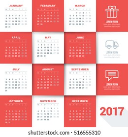 Calendar for 2017 year. Vector design stationery template. Week starts Monday. Vector illustration