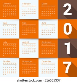 Calendar for 2017 year. Vector design stationery template. Week starts Monday. Vector illustration