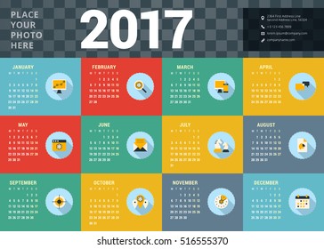 Calendar for 2017 year. Vector design stationery template with business concept icons. Week starts Monday. Flat style color vector illustration