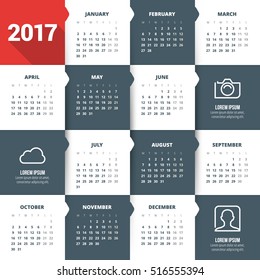 Calendar for 2017 year. Vector design stationery template with business concept icons. Week starts Monday. Flat style color vector illustration