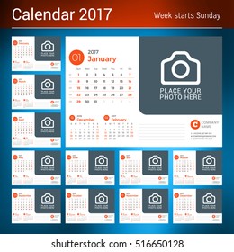 Calendar for 2017 Year. Vector Design Print Template with Place for Photo and Company Logo. Set of 12 Months. Week Starts Sunday. 3 Months on Page