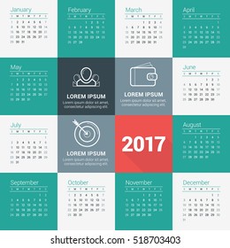 Calendar for 2017 year. Vector design stationery template with business concept icons. Week starts Sunday. Flat style color vector illustration