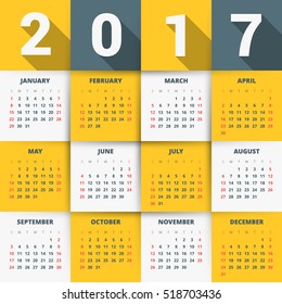 Calendar for 2017 year. Vector design stationery template. Week starts Monday. Vector illustration