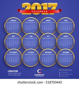 Calendar for 2017 year. Vector design stationery template. Week starts Monday. Vector illustration