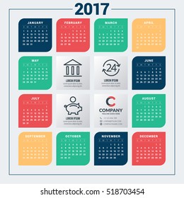 Calendar for 2017 year. Vector design stationery template with business concept icons. Week starts Sunday. Flat style color vector illustration