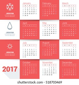 Calendar for 2017 year. Vector design stationery template. Week starts Monday. Vector illustration