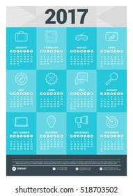 Calendar for 2017 year. Vector design stationery template with business concept icons. Week starts Sunday. Flat style color vector illustration
