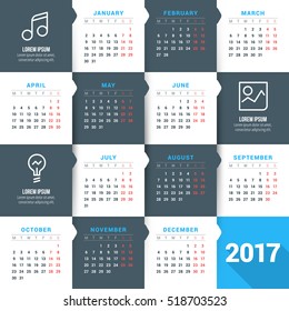Calendar for 2017 year. Vector design stationery template with business concept icons. Week starts Sunday. Flat style color vector illustration
