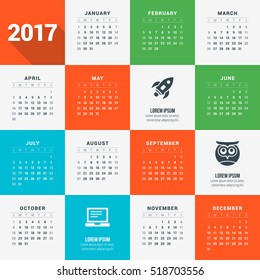 Calendar for 2017 year. Vector design stationery template with education concept icons. Week starts Sunday. Flat style color vector illustration