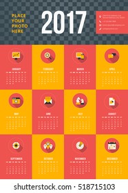Calendar for 2017 year. Vector design stationery template. Week starts Monday. Flat style color vector illustration. Yearly calendar template