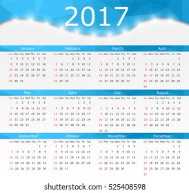 Calendar for 2017 year. Vector design template. Week starts from sunday. 