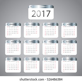 Calendar for 2017 year. Vector design template. Week starts from sunday. 