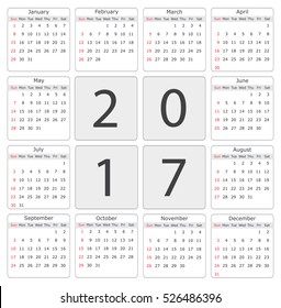 Calendar for 2017 year. Vector design template. Week starts from sunday. 