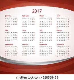 Calendar for 2017 year. Vector design template. Week starts from sunday. Used for web and print design.