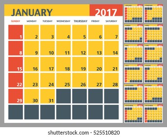 Calendar for 2017 year. Vector illustration.