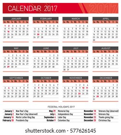 Calendar for 2017 year. Vector illustration .eps10