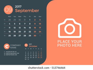 Calendar for 2017 Year. Vector Print Template with Place for Photo on Dark Background. September 2017. Week Starts Sunday. 3 Months on Page