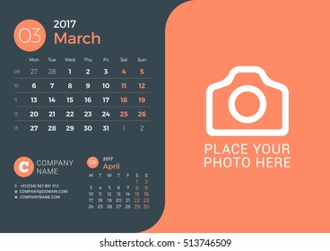 Calendar for 2017 Year. Vector Print Template with Place for Photo on Dark Background. March 2017. Week Starts Sunday. 3 Months on Page