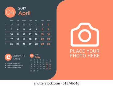 Calendar for 2017 Year. Vector Print Template with Place for Photo on Dark Background. April 2017. Week Starts Sunday. 3 Months on Page