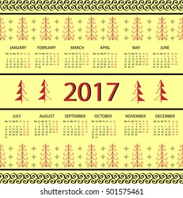 Calendar 2017 year Vintage decorative elements. 