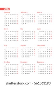 Calendar for 2017 year with week numbers on white background. Vector design print template. Week starts Monday. Stationery design