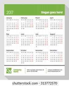 Calendar for 2017 Year. Week Starts Monday. Vector Design Print Template