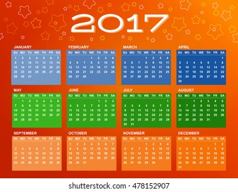 Calendar for 2017 year. Week starts Sunday