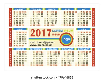 Calendar 2017 year. Week starts from sunday. Vector.