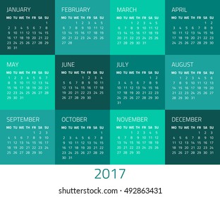 Calendar for 2017 year. Week starts monday. Vector design template