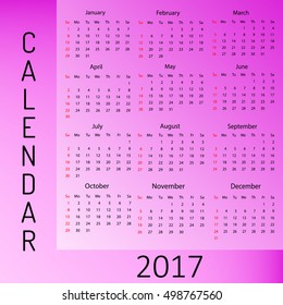 Calendar for 2017 year. Week starts Sunday. Vector print template