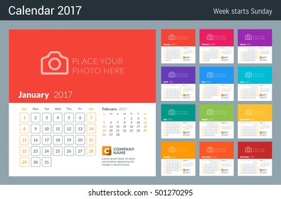 Calendar for 2017 Year. Week Starts Sunday. 2 Months on Page. Vector Design Print Template with Place for Photo and Company Logo