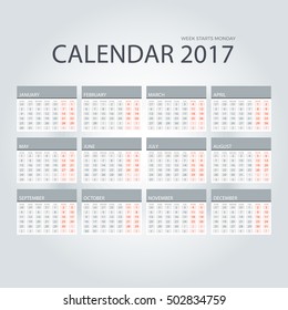 Calendar for 2017 Year. Week starts Monday. Vector design print template with place for photo. All Months