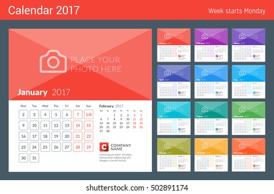 Calendar for 2017 Year. Week Starts Monday. 2 Months on Page. Vector Design Print Template with Place for Photo and Company Logo