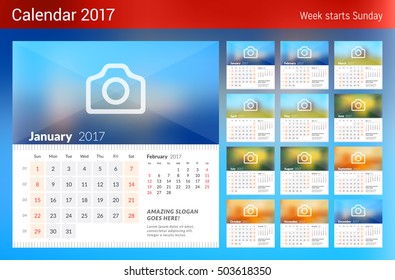 Calendar for 2017 Year. Week Starts Sunday. 2 Months on Page. Set of 12 Months. Vector Design Print Template with Place for Photo