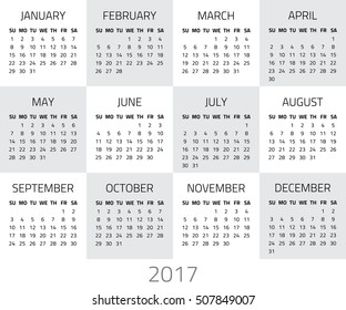 Calendar 2017 year. Week starts sunday. Vector design template