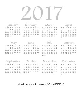 Calendar of 2017 year, week starts from Sunday. Vector template isolated on white background. Elegant design of antique font from old fashioned newspaper or magazine.