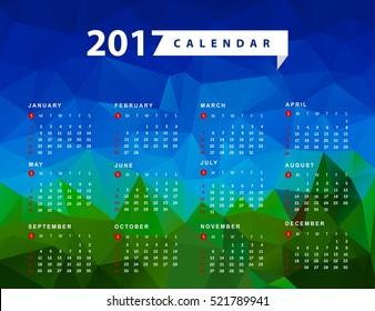 Calendar for 2017 year. Week starts from Sunday.