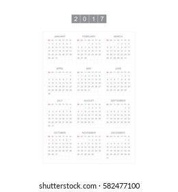 Calendar for 2017 Year. Week starts monday. Vector template for business graphics.